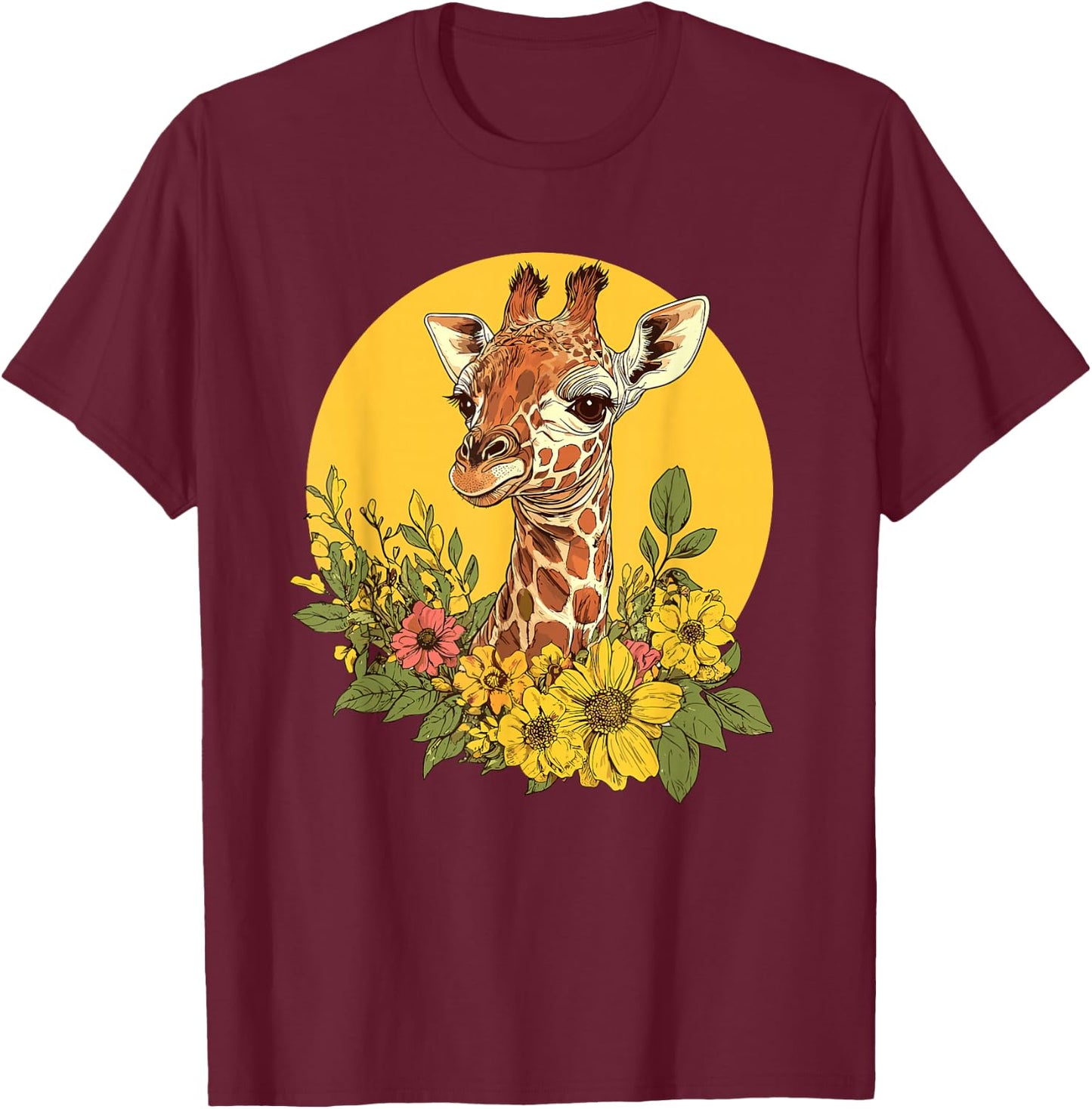 Charming Giraffe Surrounded By Flowers T-Shirt - T-Shirt | Maroon
