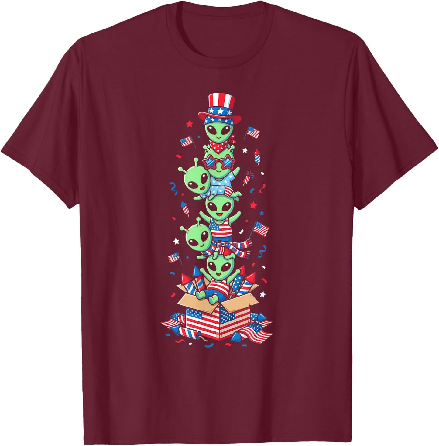 Funny Alien American USA Flag Memorial Day 4th of July T-Shirt - T-Shirt | Maroon