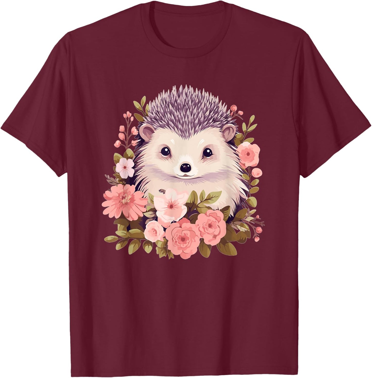 Cute Hedgehog with Flowers I Hedgehog T-Shirt - T-Shirt | Maroon