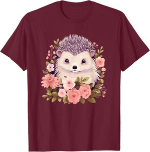 Cute Hedgehog with Flowers I Hedgehog T-Shirt - T-Shirt | Maroon