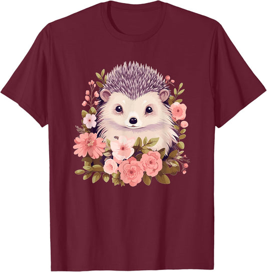 Cute Hedgehog with Flowers I Hedgehog T-Shirt - T-Shirt | Maroon