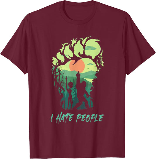 Alien Bigfoot Middle Finger I Hate People Funny Camping Gift T-Shirt - T-Shirt | Maroon