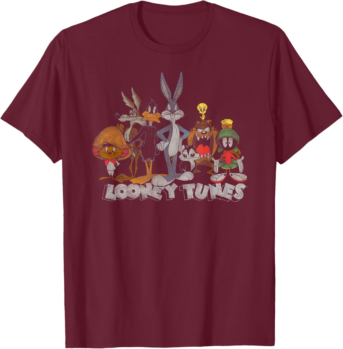 Looney Tunes Group Shot Distressed Line Up T-Shirt - T-Shirt | Maroon