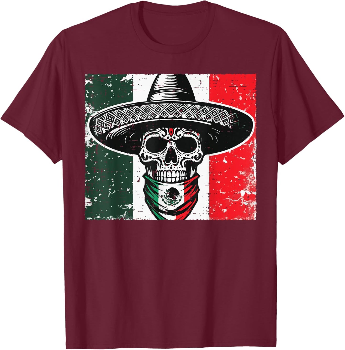 Skull Sombrero Mexico Flag Mexican Pride Men Women Kids T-Shirt - T-Shirt | Maroon