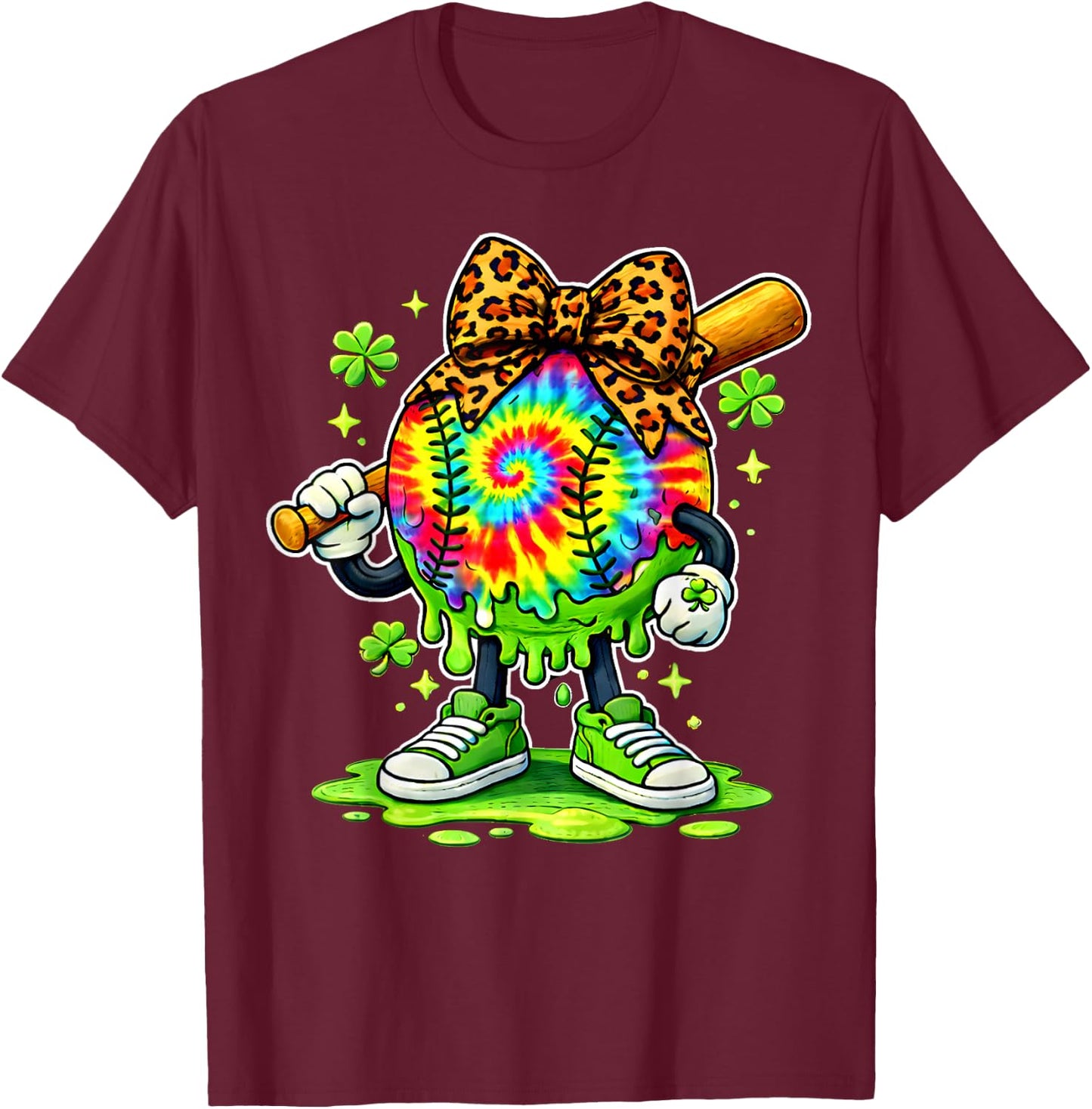 Lucky Tie Dye Softball with Leopard Bow St. Patrick’s Day T-Shirt - T-Shirt | Maroon