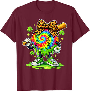 Lucky Tie Dye Softball with Leopard Bow St. Patrick’s Day T-Shirt - T-Shirt | Maroon
