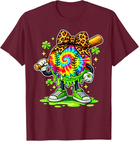 Lucky Tie Dye Softball with Leopard Bow St. Patrick’s Day T-Shirt - T-Shirt | Maroon
