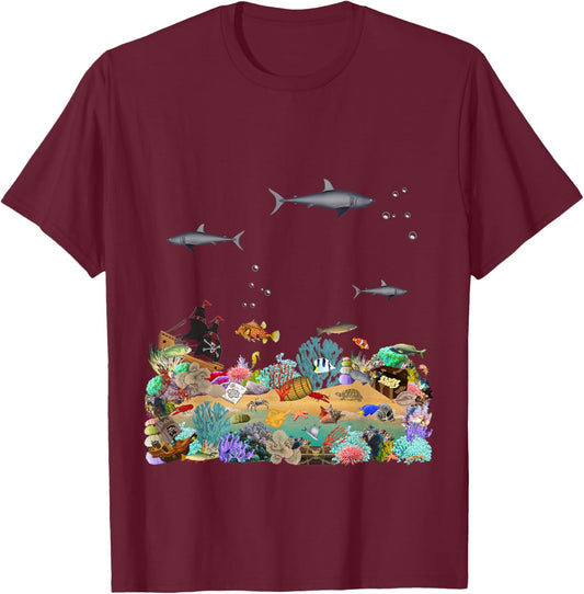 Shark Ocean Collage For Boys And Girls Sea Life Fun Graphic T-Shirt - T-Shirt | Maroon