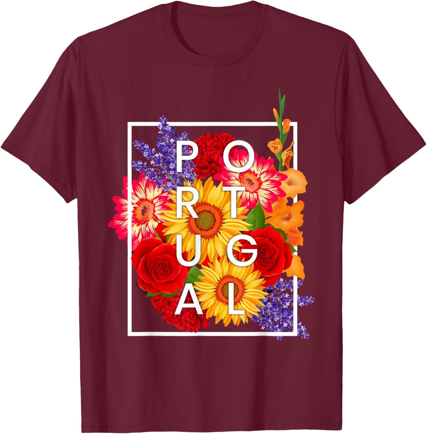 Flowers of Portugal Word Art - Portuguese Pride T-Shirt - T-Shirt | Maroon