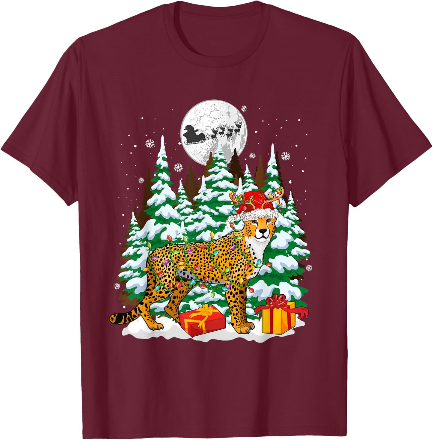 Santa Reindeer Cheetah Christmas Trees Animal Lover Kids T-Shirt - T-Shirt | Maroon