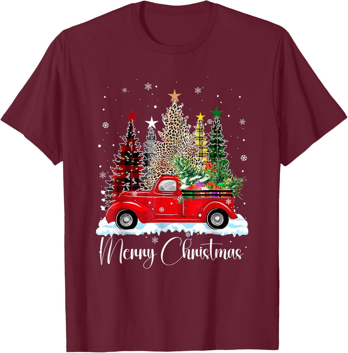 Vintage Merry Christmas Red Truck Old Fashioned Christmas T-Shirt - T-Shirt | Maroon