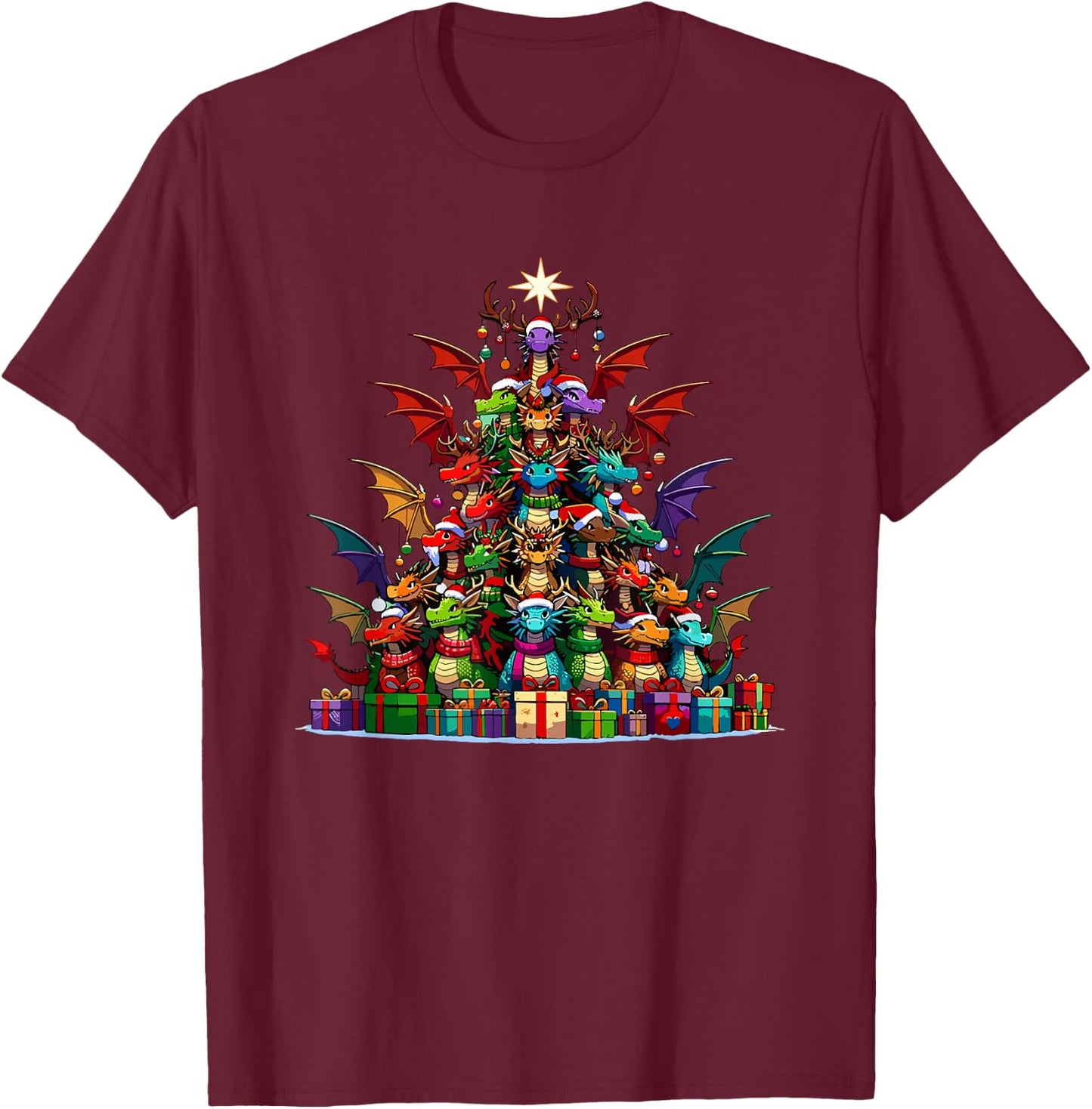 Christmas Tree Dragons Mythical Creature Dragon T-Shirt - T-Shirt | Maroon