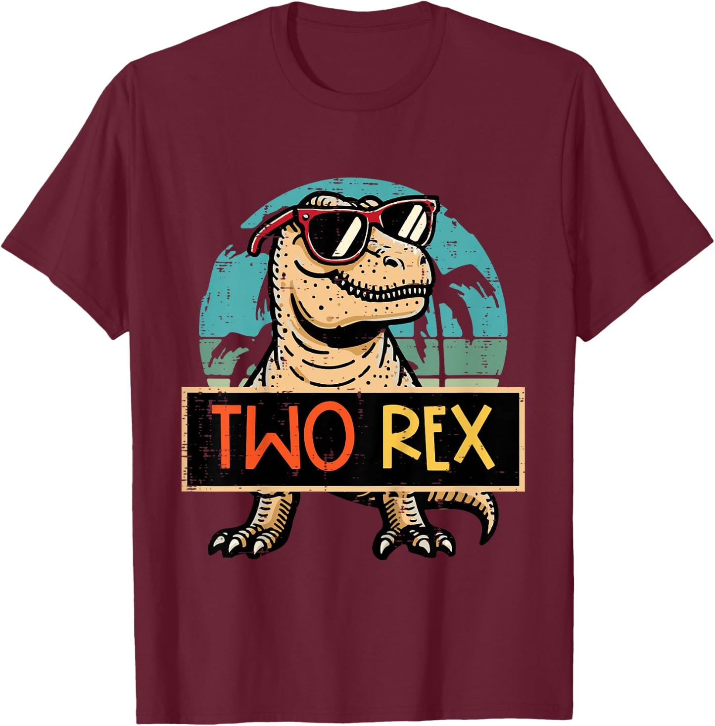 Kids 2nd Birthday Dino Two Rex Trex 2 Year Old Bday Boys Kids T-Shirt - T-Shirt | Maroon