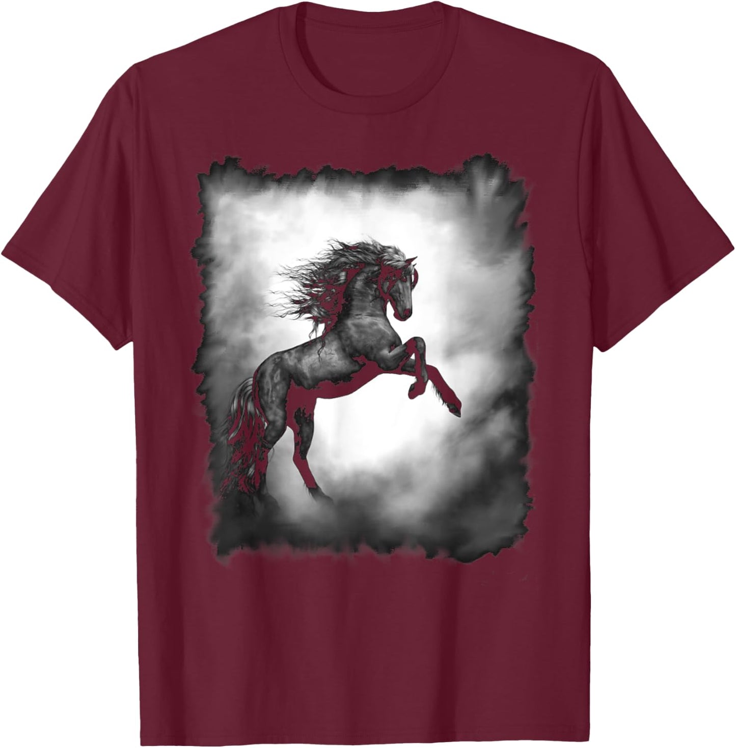 Black Wild Stallion Horse Rearing up with flowing mane T-Shirt - T-Shirt | Maroon