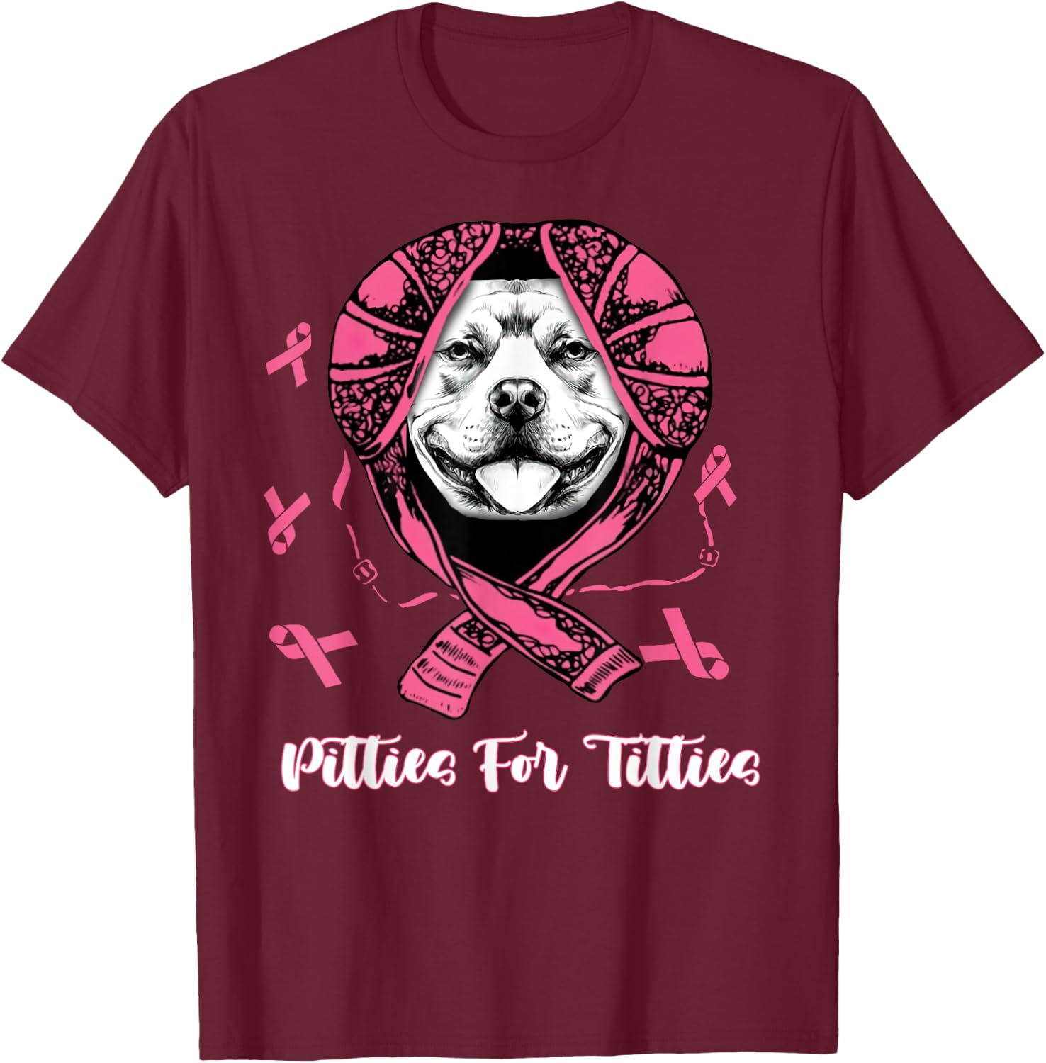 Pitties For Titties Funny Pitbull Breast Cancer Awareness T-Shirt - T-Shirt | Maroon