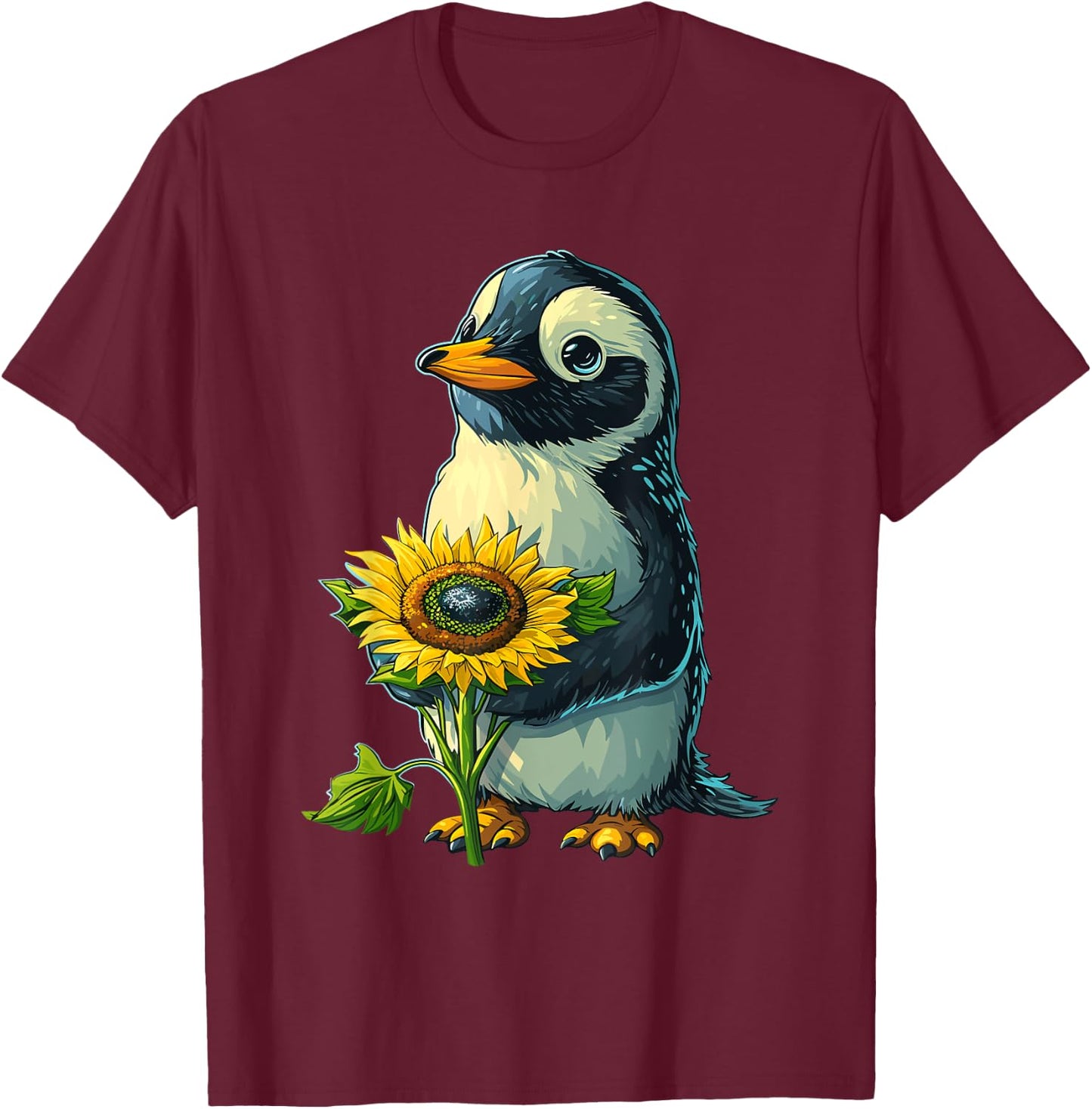 Penguin Holding Sunflower Cute Penguin Lover T-Shirt - T-Shirt | Maroon