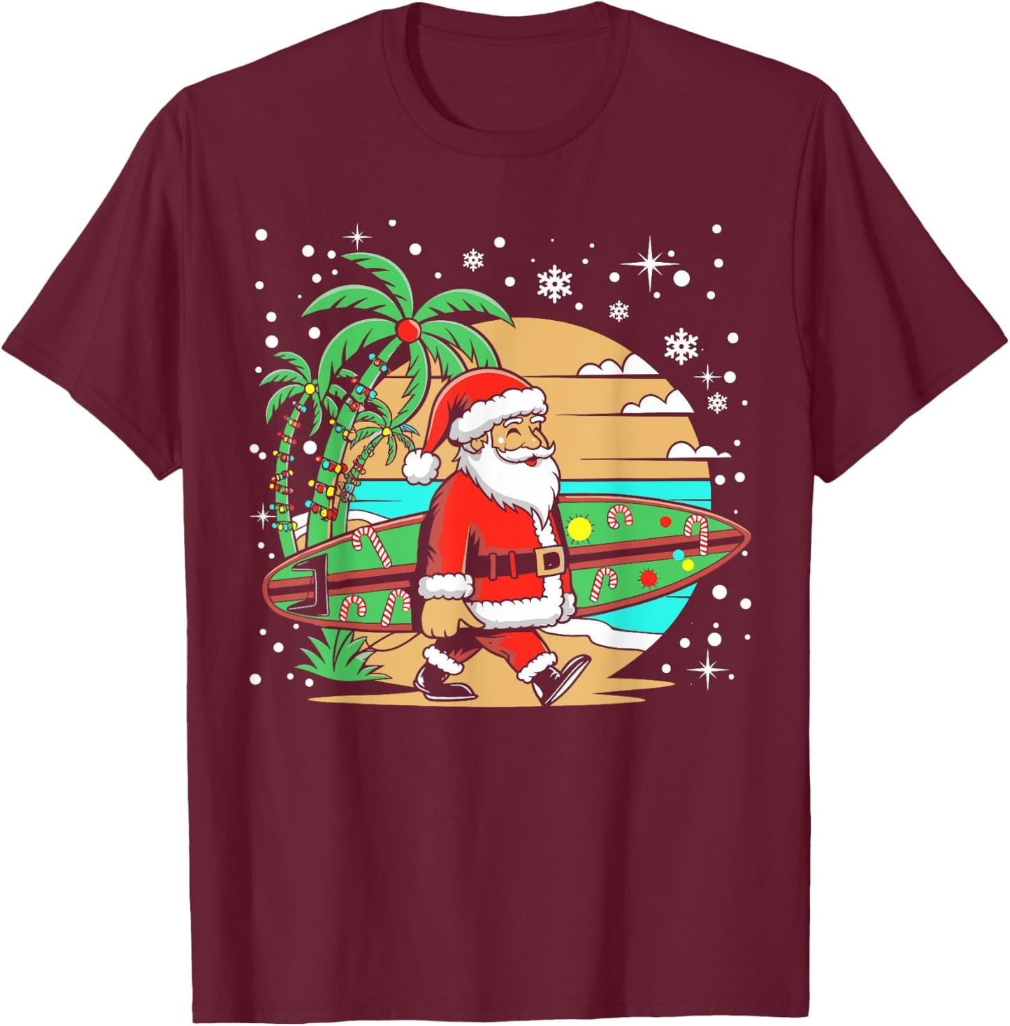 Surf Funny Surfboard Xmas Lights Santa Surfing Christmas T-Shirt - T-Shirt | Maroon
