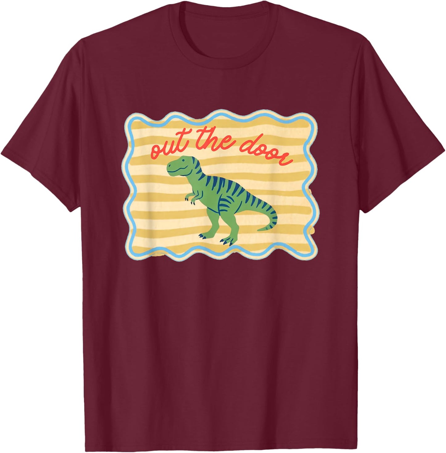 Striped Out The Door Dinosaur Last Day of School Teacher T-Shirt - T-Shirt | Maroon
