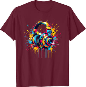 Splash Art Headphones Music Singing Singer Song , Black, S T-Shirt - T-Shirt | Maroon