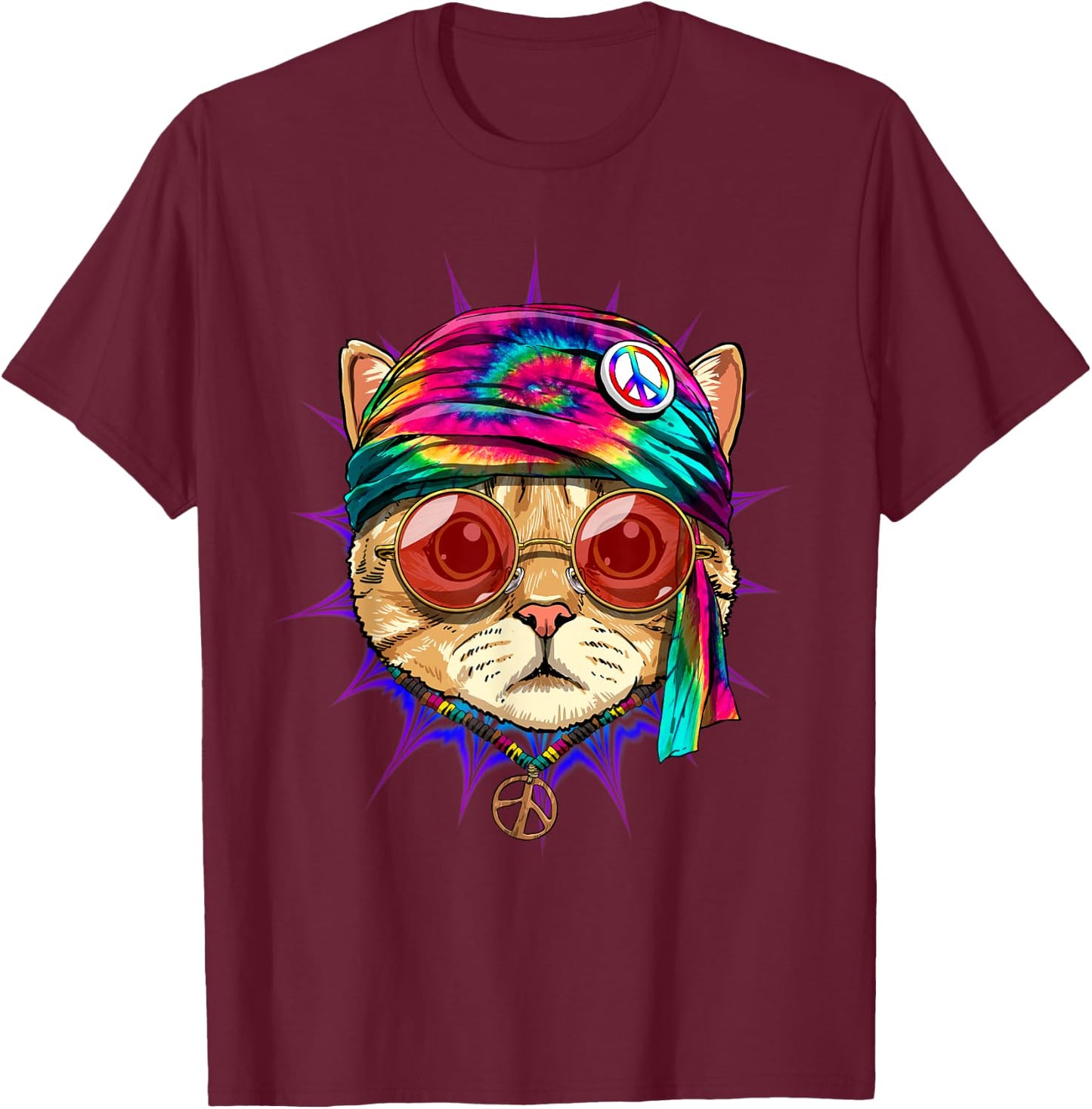 Tie Dye Cat Shirt Hippy Cat Peace Sign Cat Lover T-Shirt - T-Shirt | Maroon