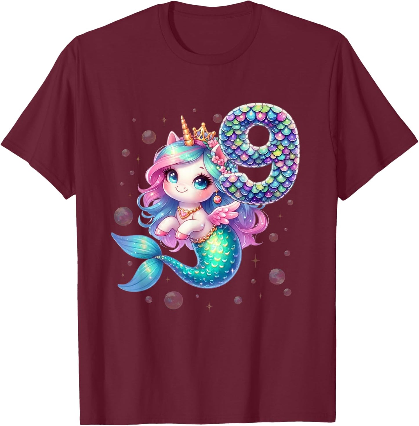 Unicorn Mermaid 9th Birthday 9 Year Old Party Girls Outfit T-Shirt - T-Shirt | Maroon