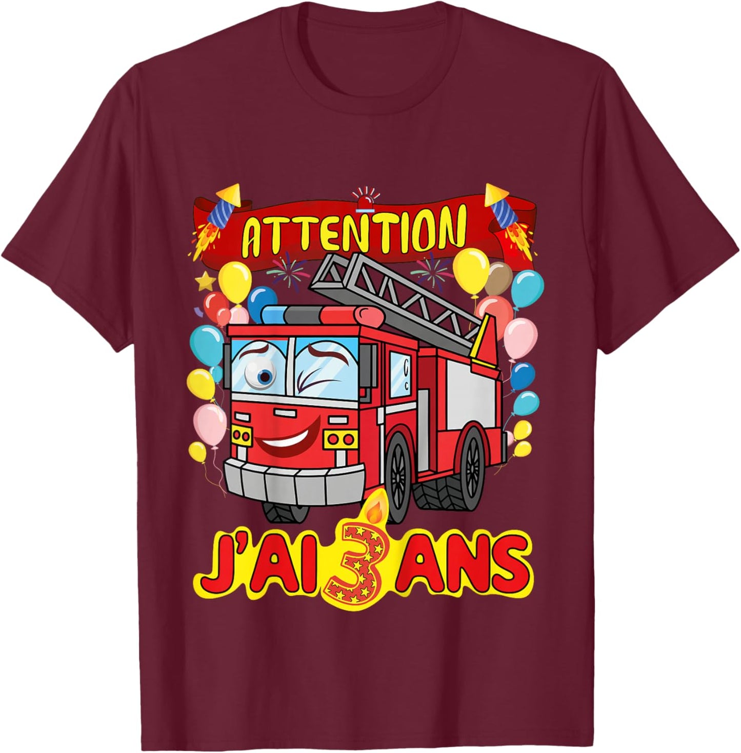 Child 3 Years Boy Fireman , Black T-Shirt - T-Shirt | Maroon