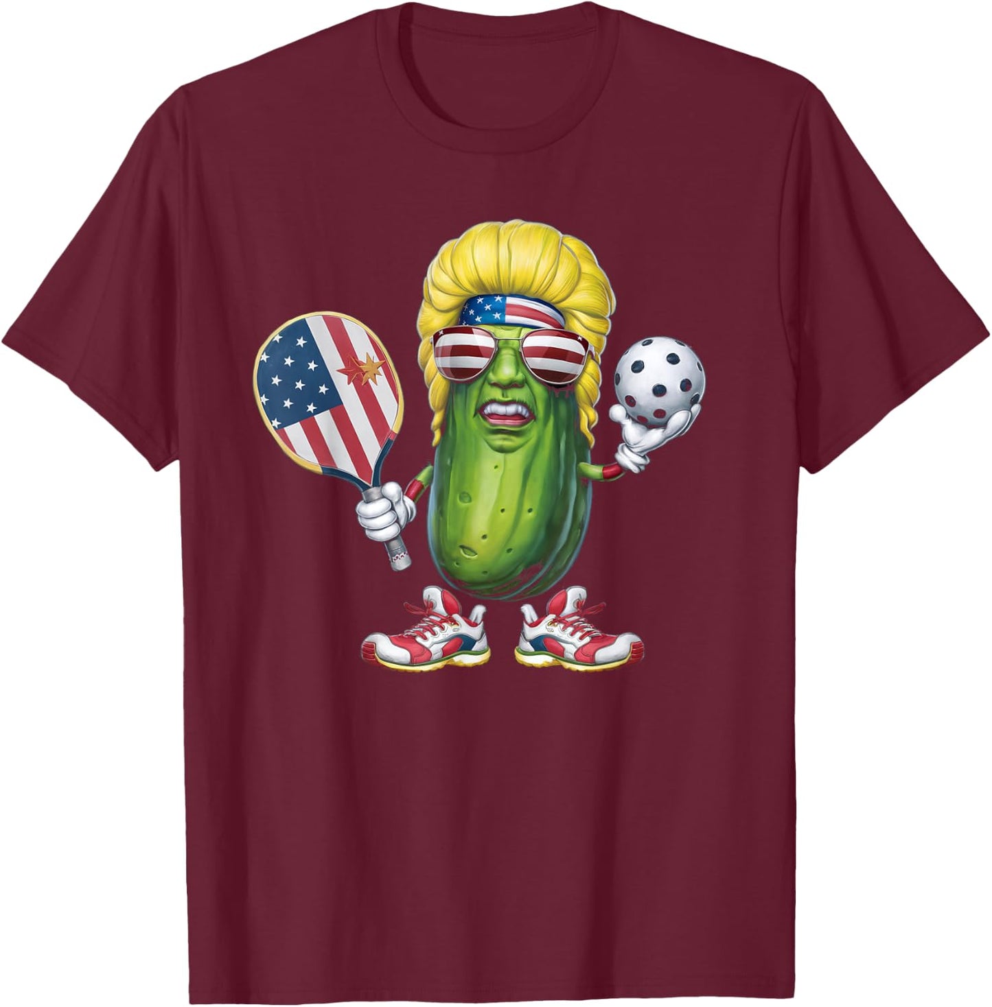 Funny Patriotic Pickle Player Playing Pickleball Game Trump T-Shirt - T-Shirt | Maroon