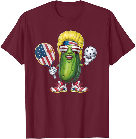 Funny Patriotic Pickle Player Playing Pickleball Game Trump T-Shirt - T-Shirt | Maroon