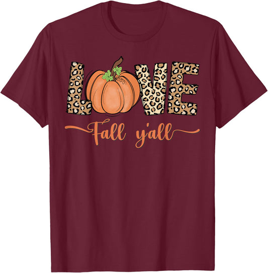 Love Fall Y'all Leopard Print Pumpkin Women's Thanksgiving T-Shirt - T-Shirt | Maroon
