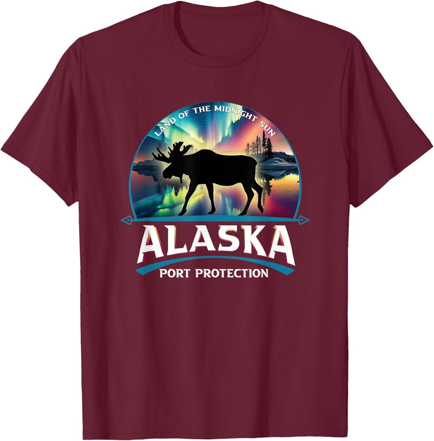 Port Protection Alaska Aurora Borealis Moose Souvenir T-Shirt - T-Shirt | Maroon