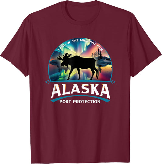 Port Protection Alaska Aurora Borealis Moose Souvenir T-Shirt - T-Shirt | Maroon
