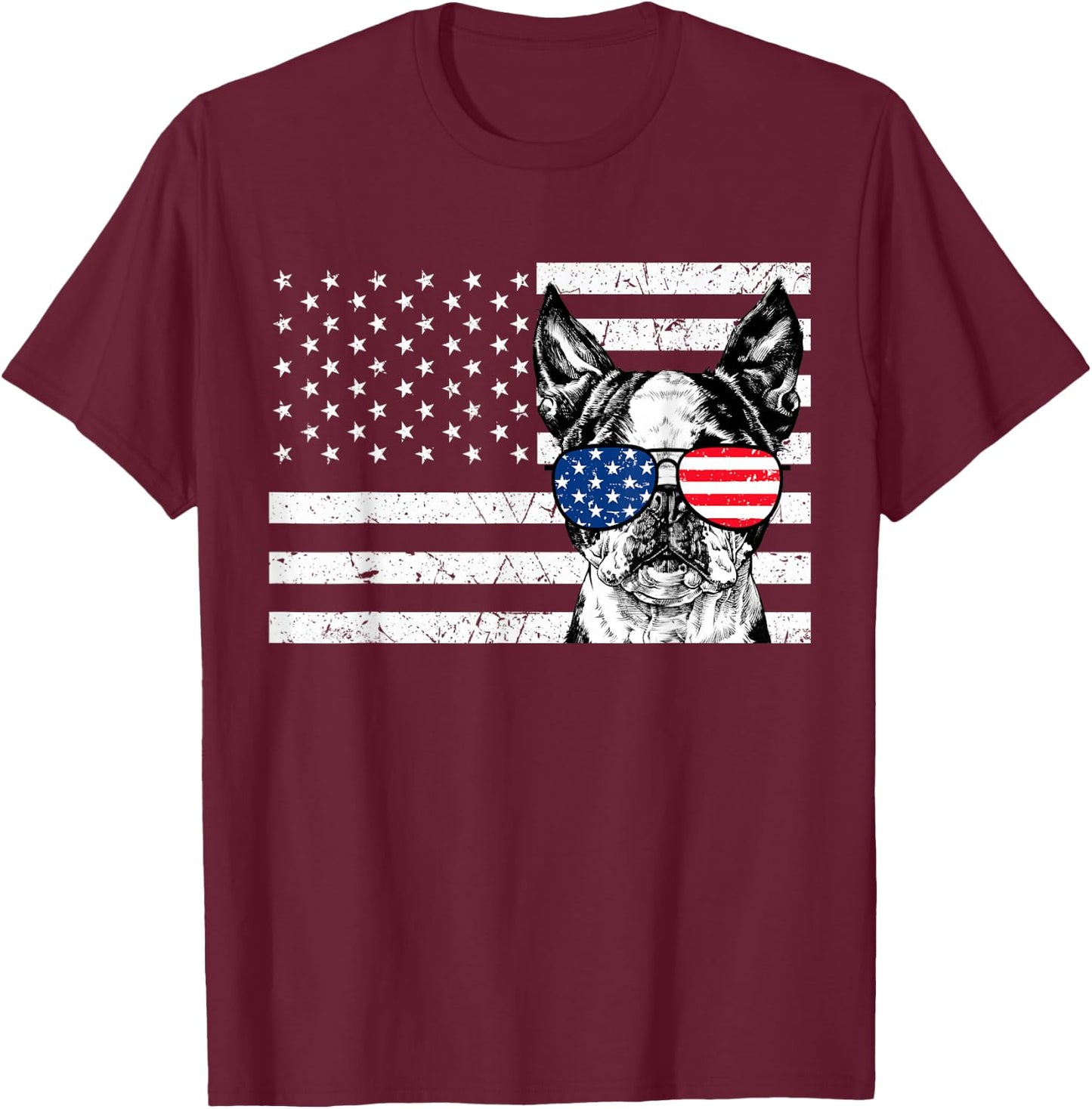Boston Terrier Dog 4th of July US American Flag Patriotic T-Shirt - T-Shirt | Maroon