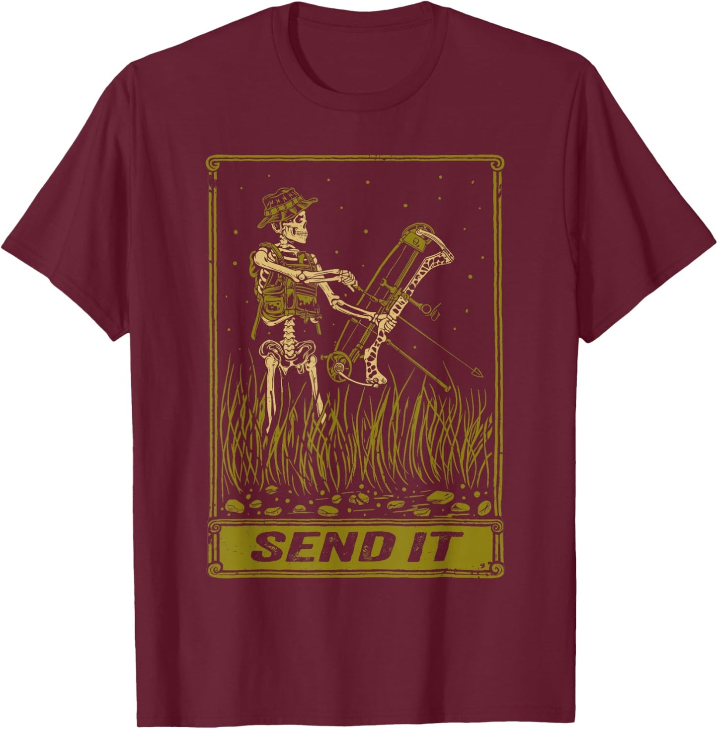 Send It Vintage Bowfishing Skeleton Outdoor Adventure Art T-Shirt - T-Shirt | Maroon