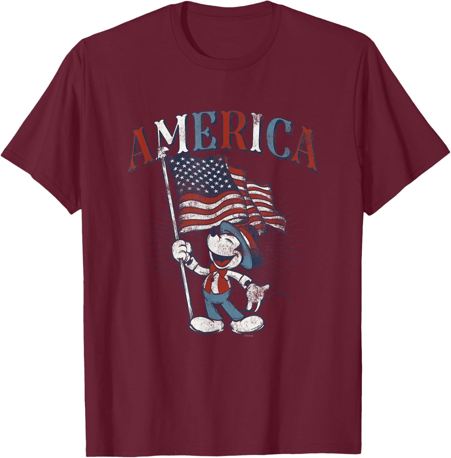 Disney Mickey Mouse with American Flag USA Fourth of July T-Shirt - T-Shirt | Maroon