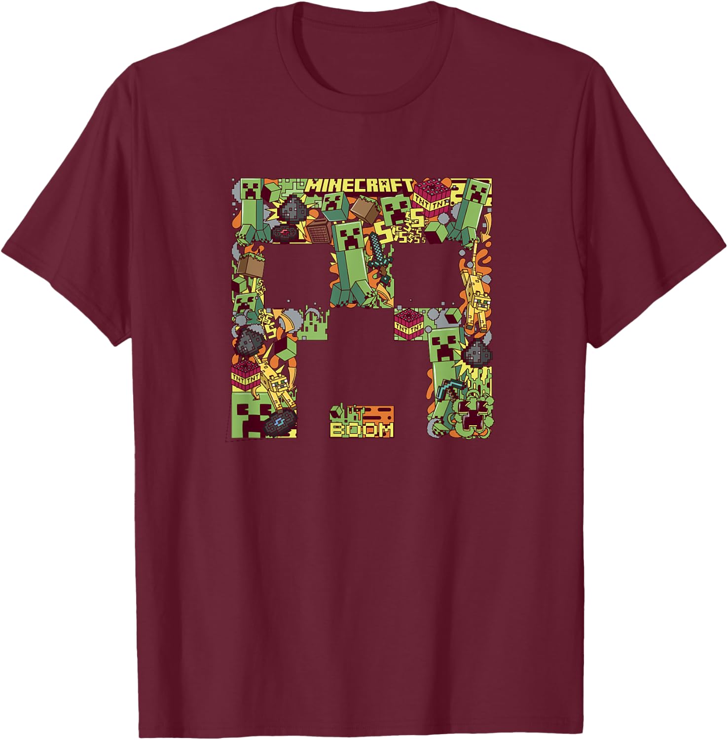 Minecraft Creeper Big Face Collage , Black T-Shirt - T-Shirt | Maroon