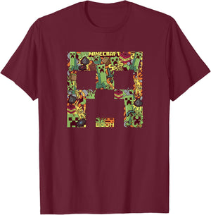 Minecraft Creeper Big Face Collage , Black T-Shirt - T-Shirt | Maroon