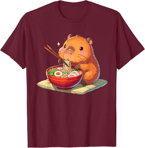Cute Capybara Eats Ramen Noodles Capybaras Ramen , black T-Shirt - T-Shirt | Maroon