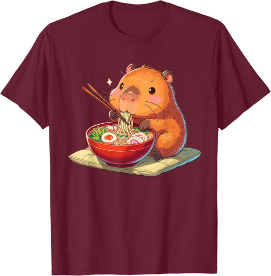 Cute Capybara Eats Ramen Noodles Capybaras Ramen , black T-Shirt - T-Shirt | Maroon
