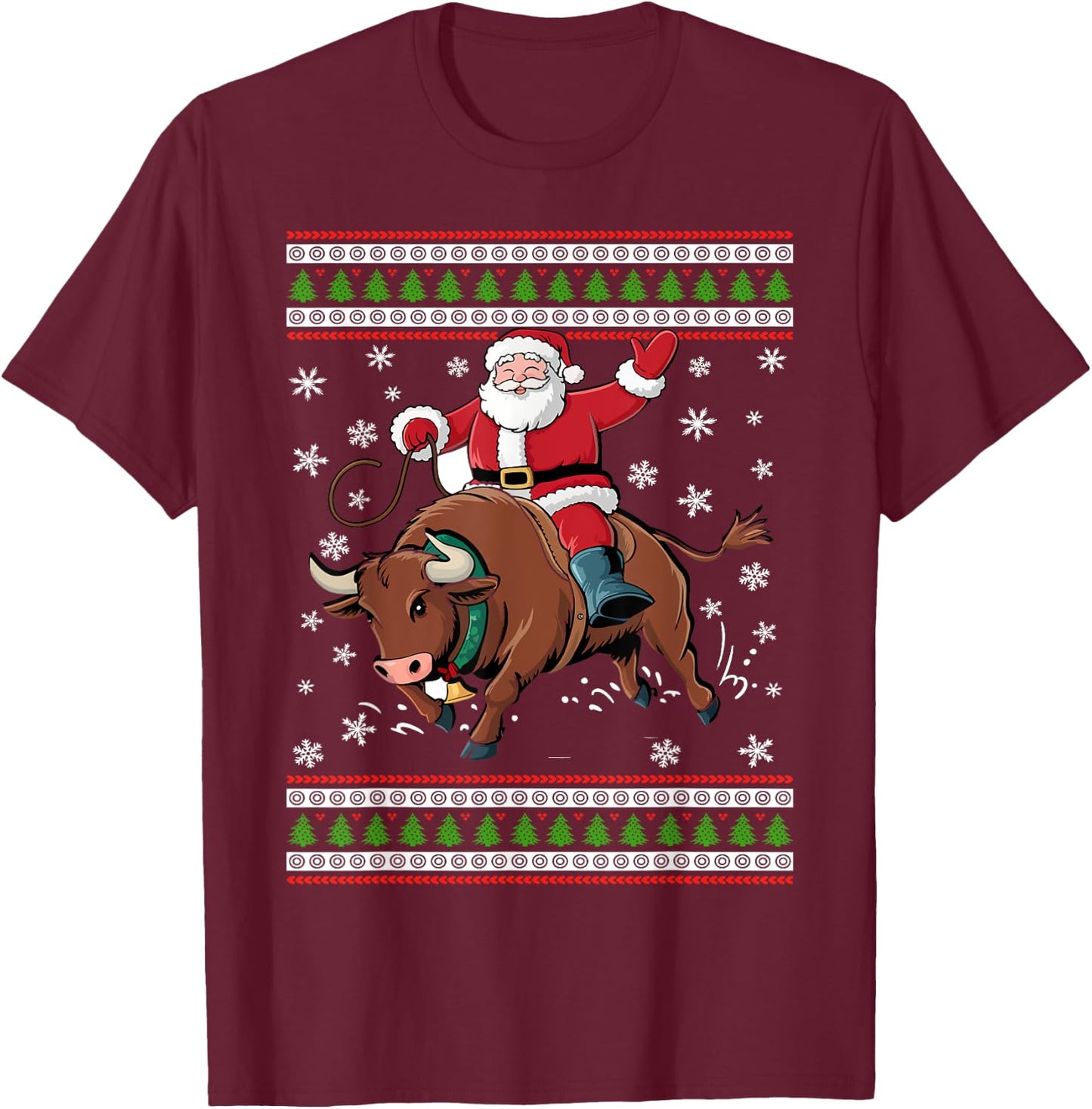 Christmas Santa Riding A Bull Funny Xmas Animal Lover T-Shirt - T-Shirt | Maroon