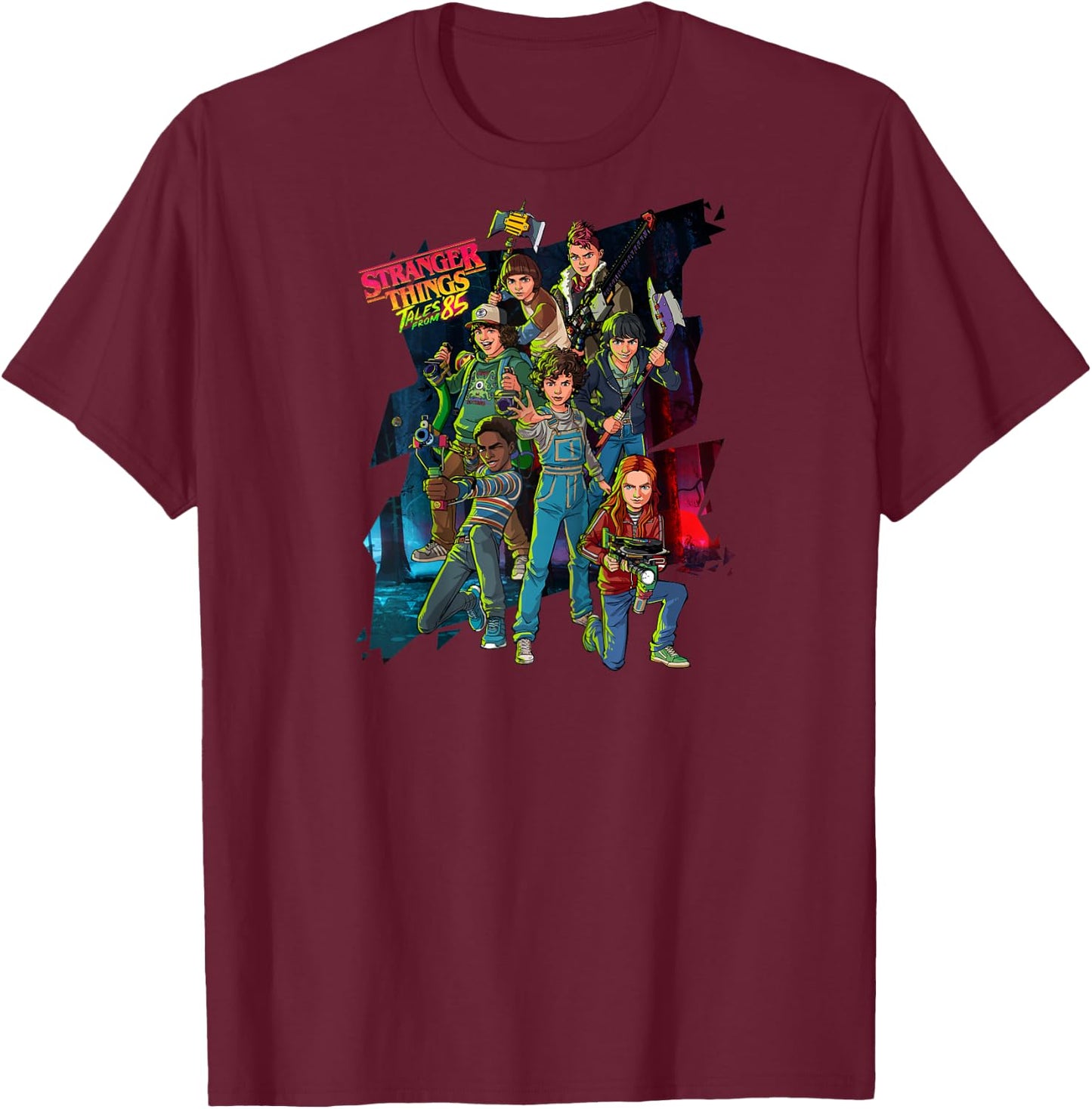 Stranger Things Tales from '85 Animated Character Group Shot Raglan Baseball T-Shirt - T-Shirt | Maroon