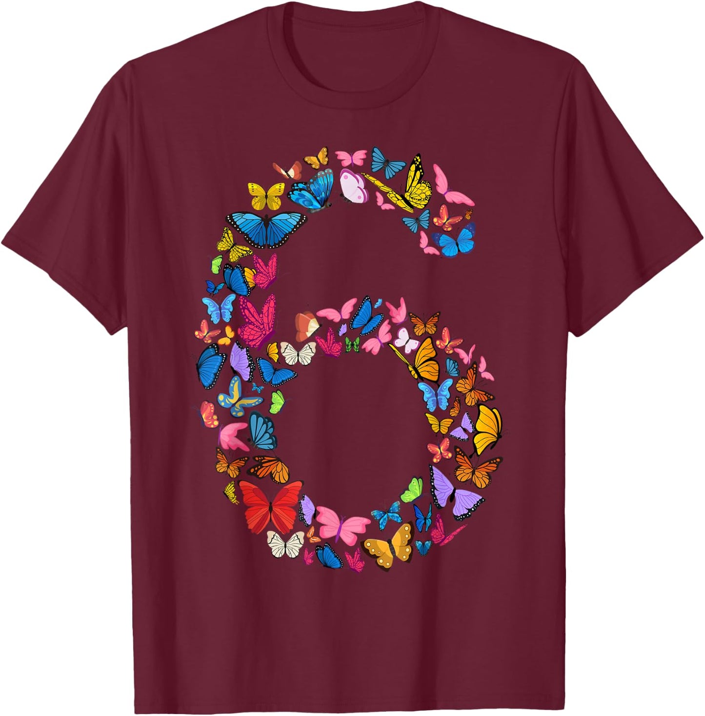 6th Birthday Butterflies 6 Years Old Girl Butterfly Lover , black T-Shirt - T-Shirt | Maroon