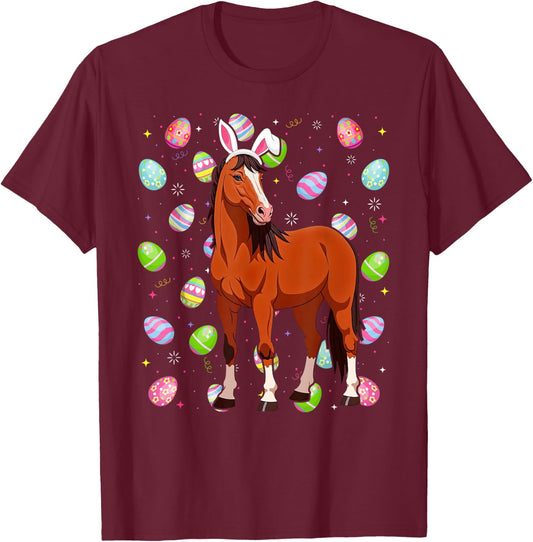 Horse Happy Easter Egg Hunt Bunny Ear Horse Easter T-Shirt - T-Shirt | Maroon