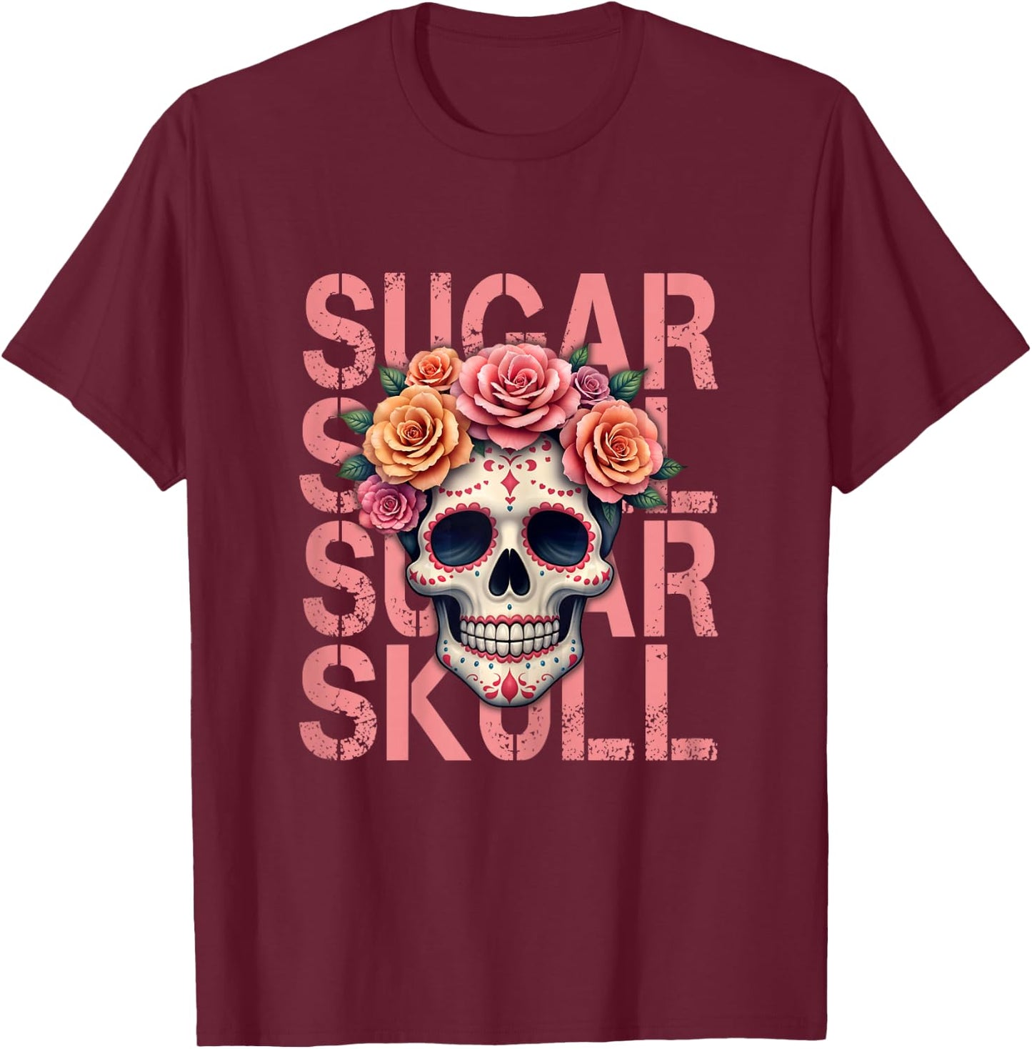 Mexican Skull Sugar Skull Dia de los Muertos , Black, Female X-Small T-Shirt - T-Shirt | Maroon