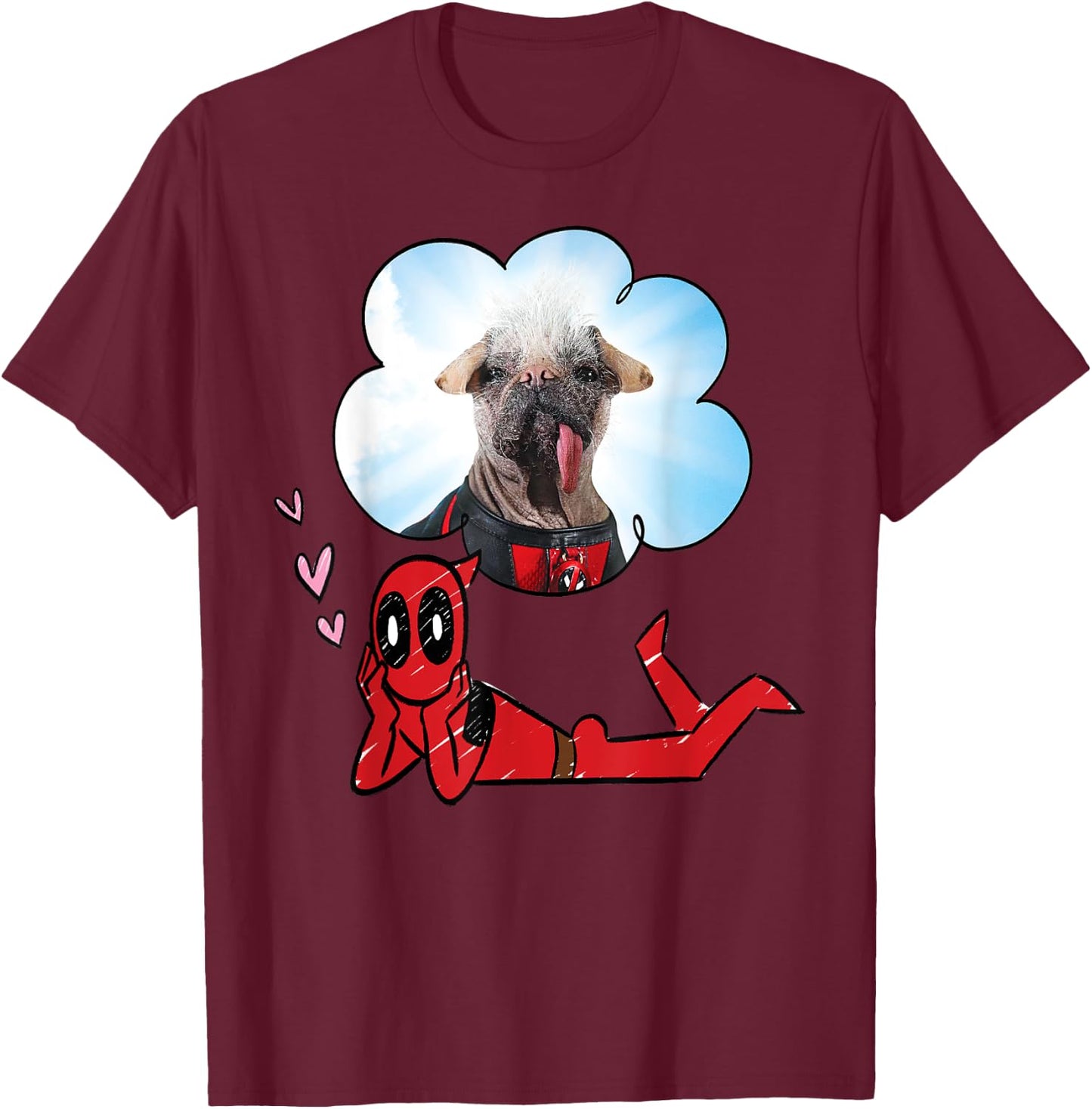 Marvel Deadpool & Wolverine Dreaming of Dogpool Doodle , Black, S T-Shirt - T-Shirt | Maroon