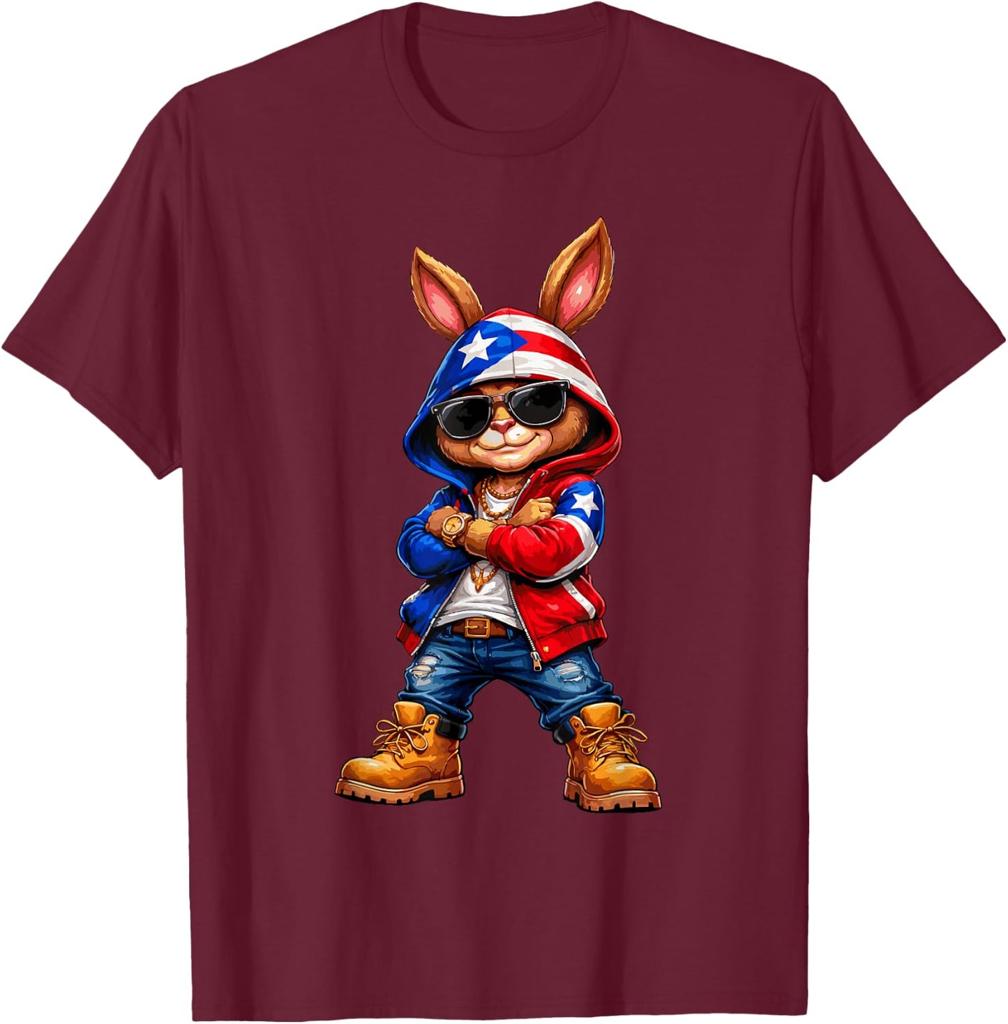 Cool Bunny Puerto Rican Flag Funny RABIT Vibes Boricua T-Shirt - T-Shirt | Maroon