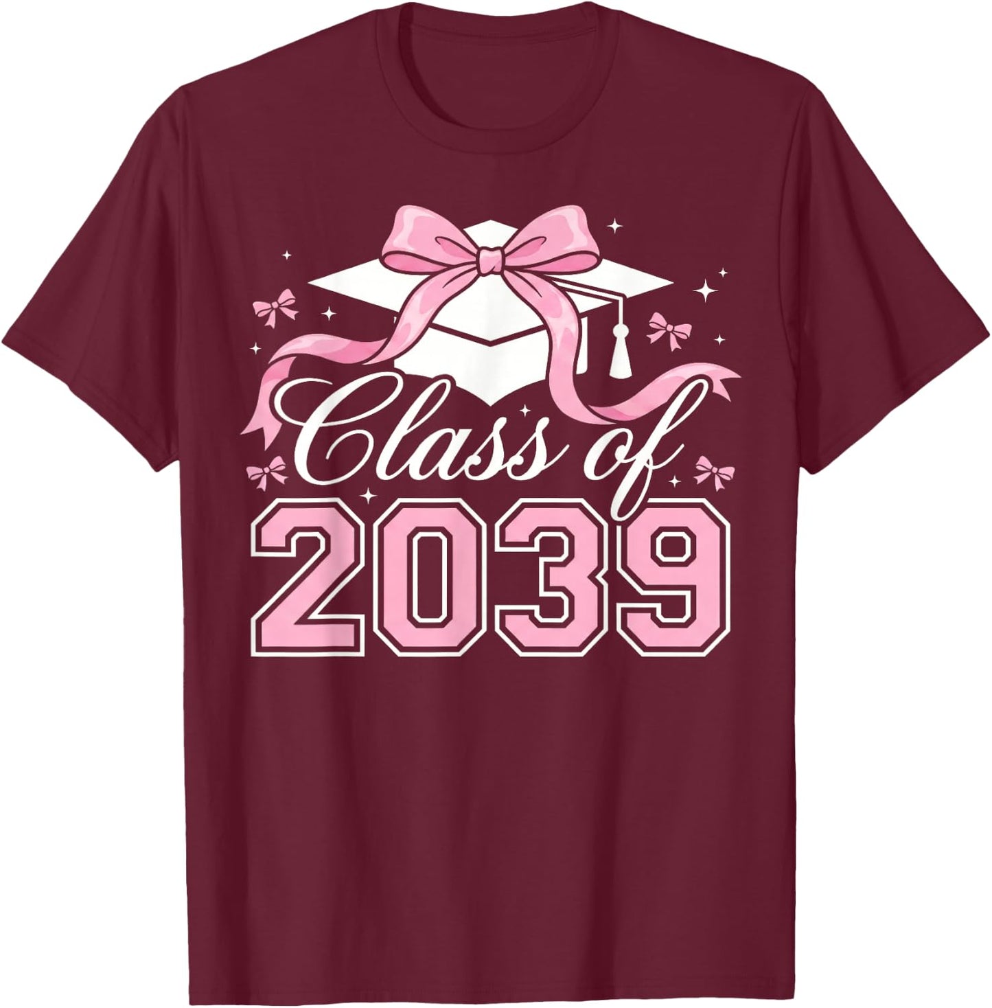 Class of 2039 Grow with Me 2039 Graduation Pink Bow Girls T-Shirt - T-Shirt | Maroon