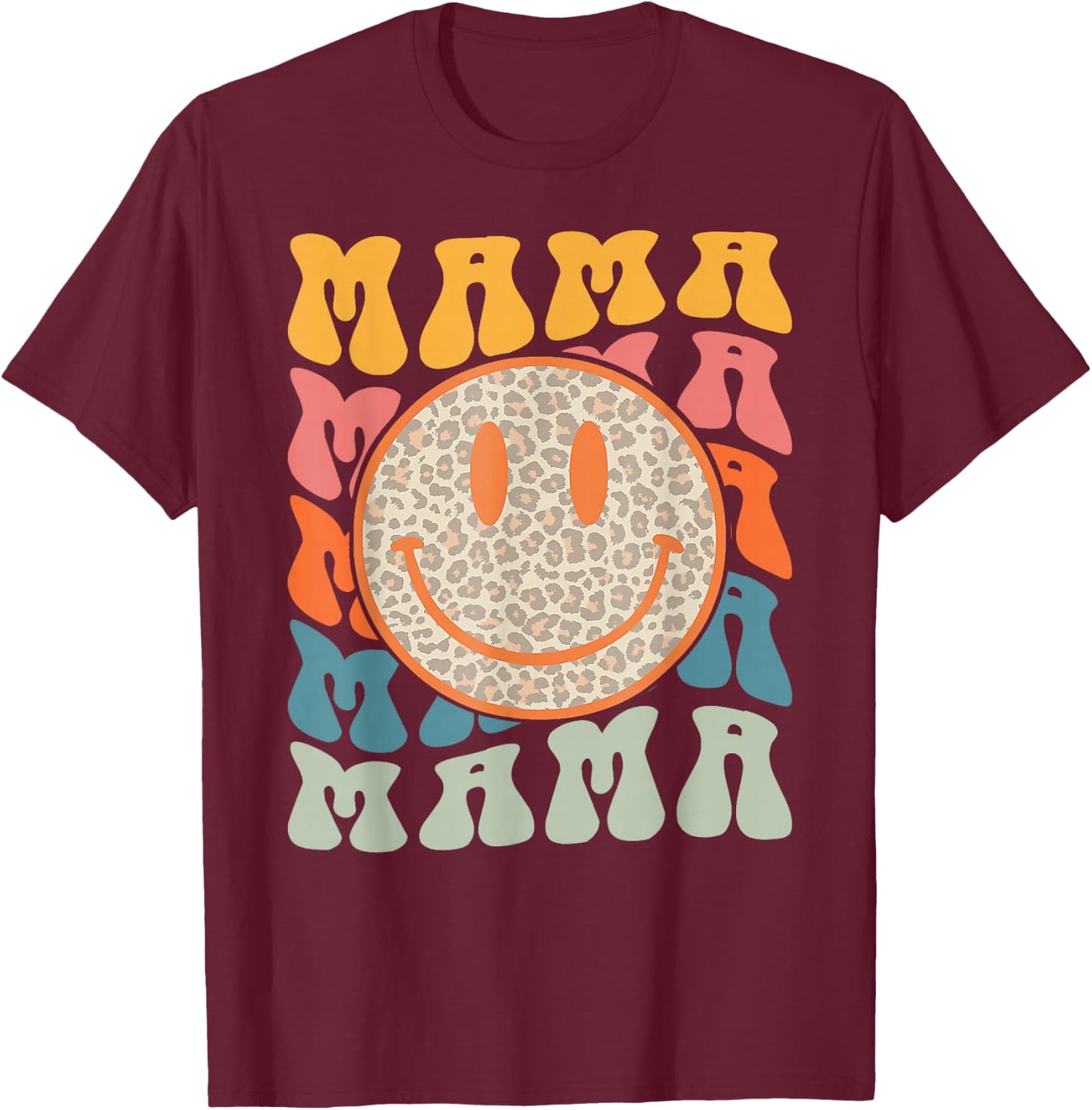 Retro Leopard Mama Groovy Face Trendy New Mama T-Shirt - T-Shirt | Maroon