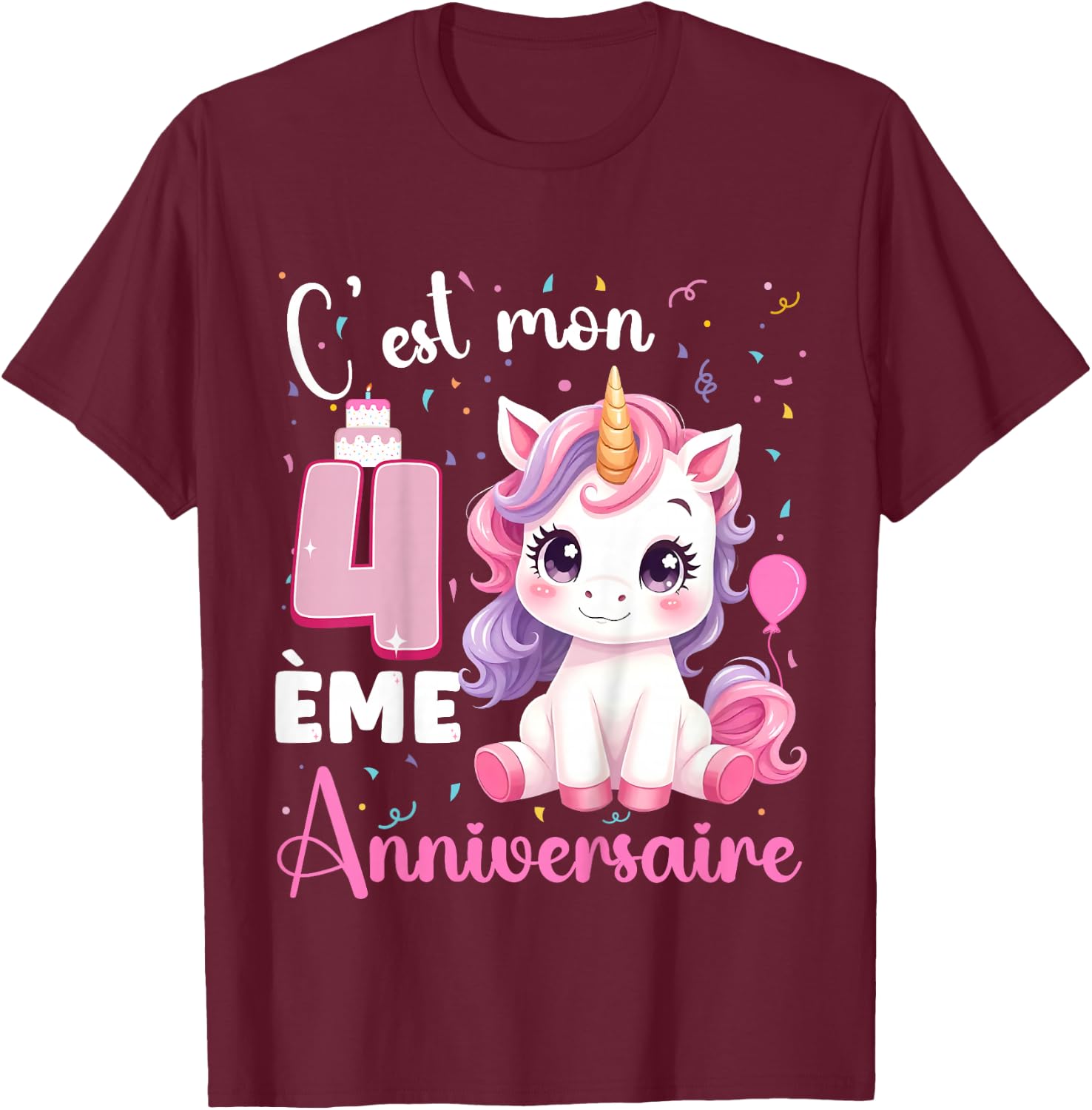 Enfant C'est Mon 4 ème Anniversaire Unicorn Birthday 4 Years , Black, 2 T-Shirt - T-Shirt | Maroon