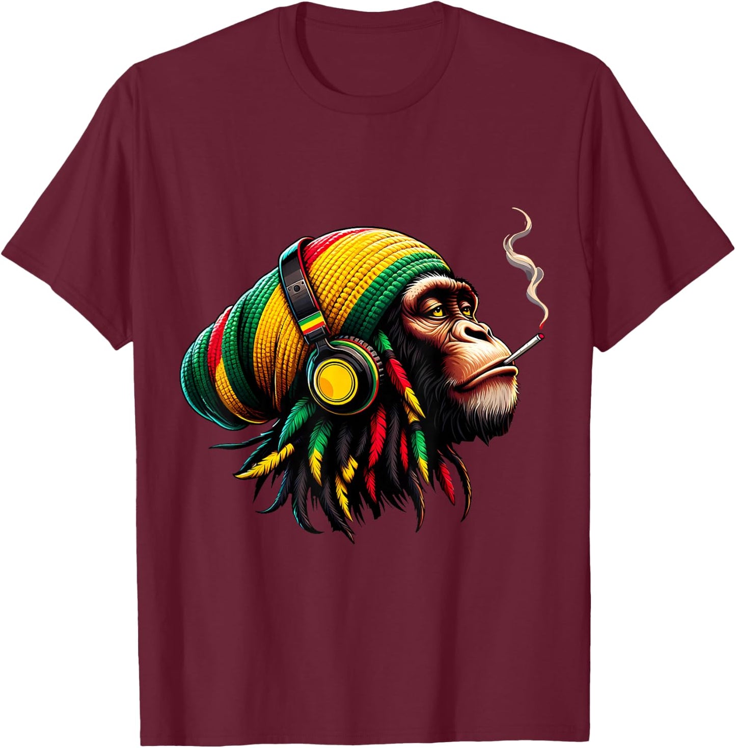 Jamaica Roots Reggae Chimpanzee Headphones Rastafari Monkey , black T-Shirt - T-Shirt | Maroon