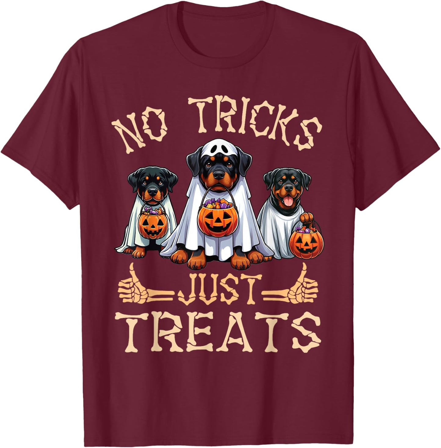Rottweiler Dog Ghosts Pumpkin Candy No Tricks Just Treats T-Shirt - T-Shirt | Maroon
